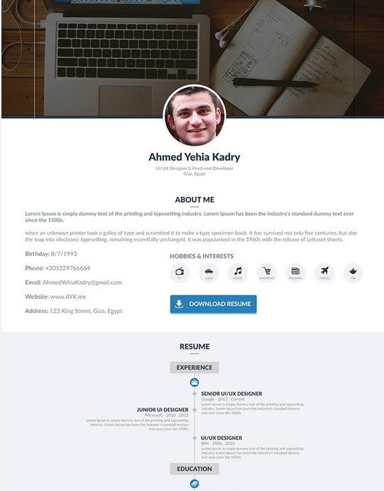 Free Single Page Resume PSD Template