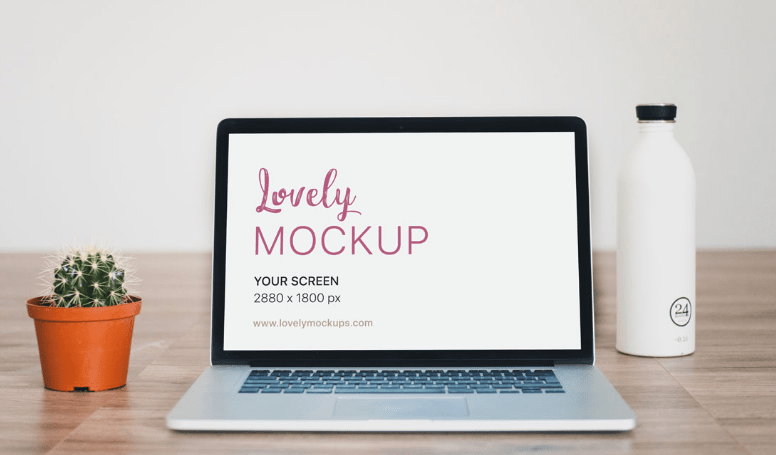 Macbook Mockup With Cactus on Wooden floor-min